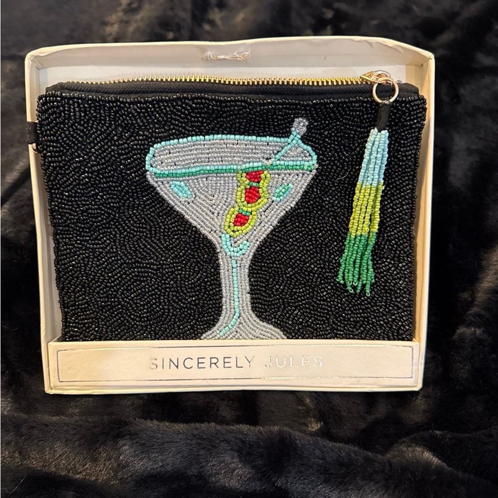 Sincerely Jules Black Beaded Martini Clutch with Multicolor Tassel